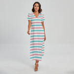 Pink And Teal Striped Pattern Print Short Sleeve Maxi Dress