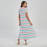 Pink And Teal Striped Pattern Print Short Sleeve Maxi Dress
