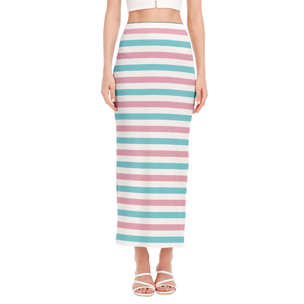 Pink And Teal Striped Pattern Print Side Slit Maxi Skirt