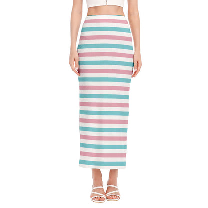 Pink And Teal Striped Pattern Print Side Slit Maxi Skirt