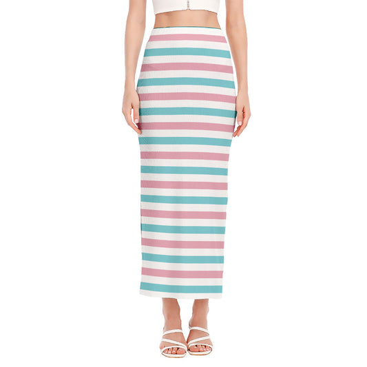 Pink And Teal Striped Pattern Print Side Slit Maxi Skirt