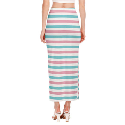 Pink And Teal Striped Pattern Print Side Slit Maxi Skirt