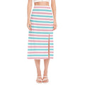 Pink And Teal Striped Pattern Print Side Slit Midi Skirt