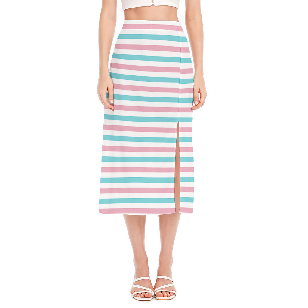 Pink And Teal Striped Pattern Print Side Slit Midi Skirt