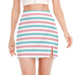 Pink And Teal Striped Pattern Print Side Slit Mini Skirt