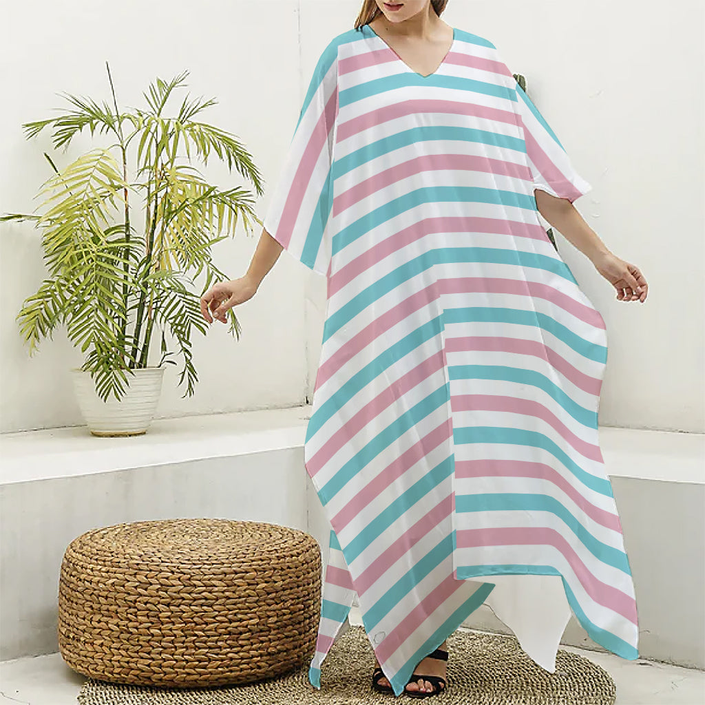 Pink And Teal Striped Pattern Print Silk V-Neck Kaftan Dress