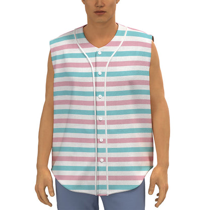 Pink And Teal Striped Pattern Print Sleeveless Baseball Jersey