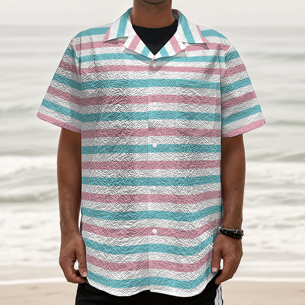 Pink And Teal Striped Pattern Print Textured Short Sleeve Shirt