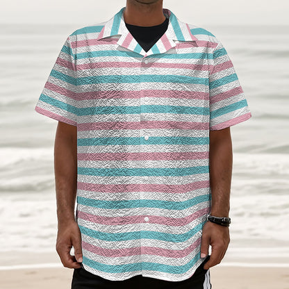 Pink And Teal Striped Pattern Print Textured Short Sleeve Shirt