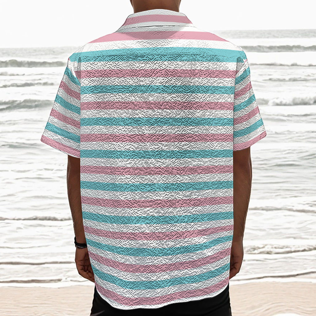 Pink And Teal Striped Pattern Print Textured Short Sleeve Shirt
