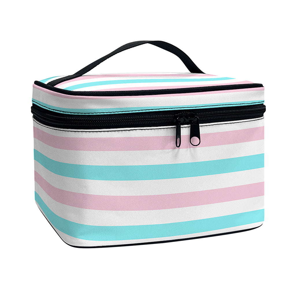 Pink And Teal Striped Pattern Print Travel Makeup Bag
