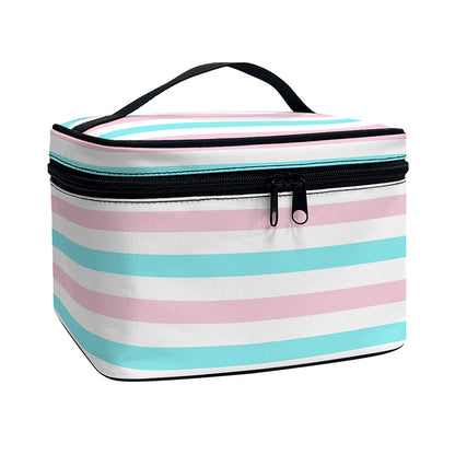 Pink And Teal Striped Pattern Print Travel Makeup Bag