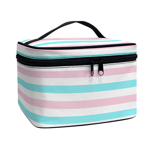 Pink And Teal Striped Pattern Print Travel Makeup Bag