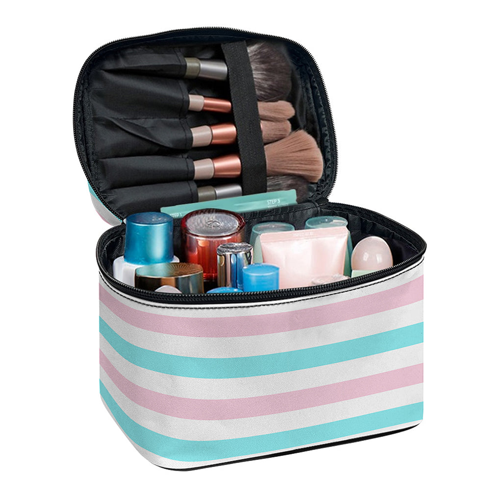 Pink And Teal Striped Pattern Print Travel Makeup Bag