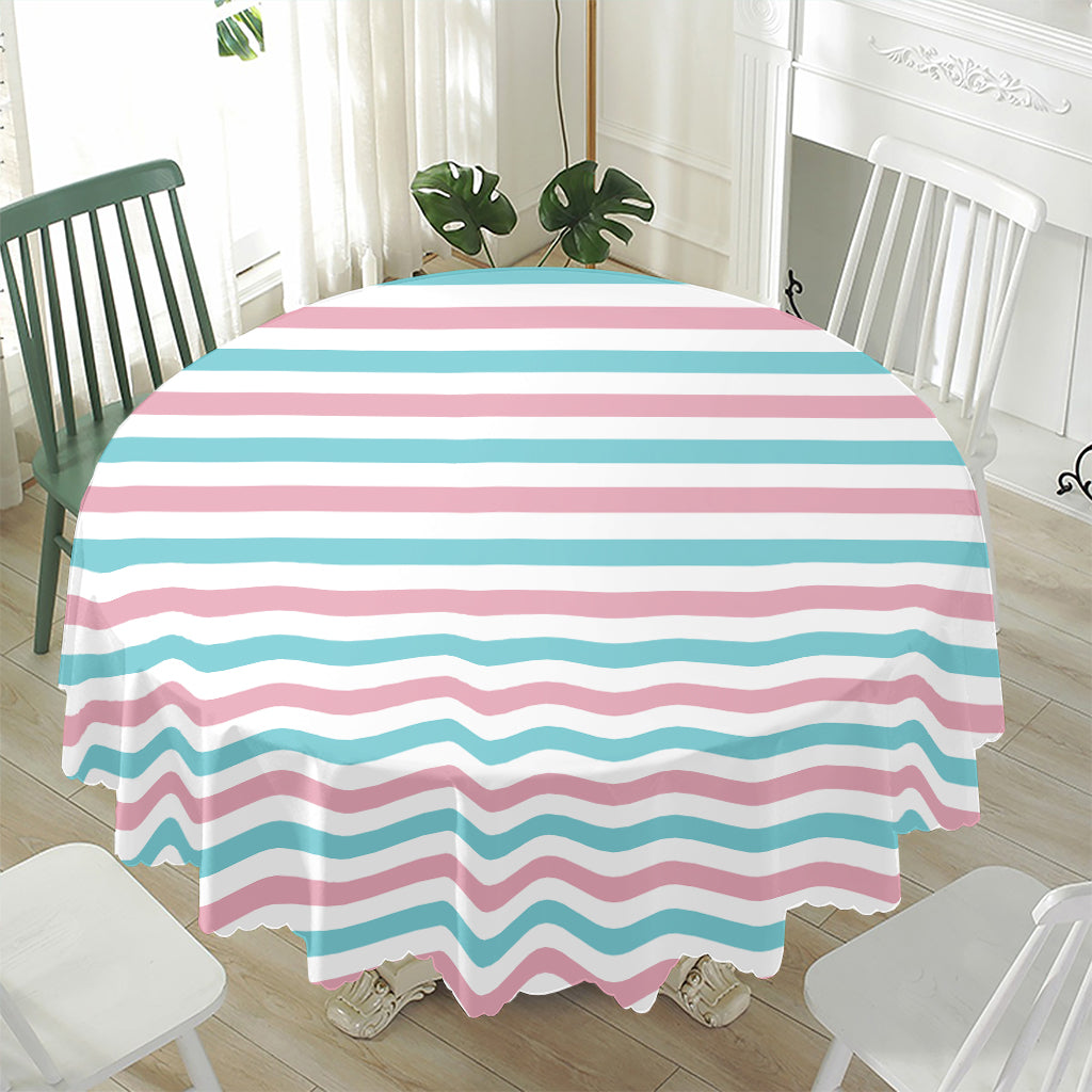 Pink And Teal Striped Pattern Print Waterproof Round Tablecloth