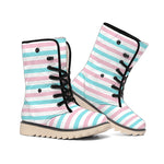 Pink And Teal Striped Pattern Print Winter Boots