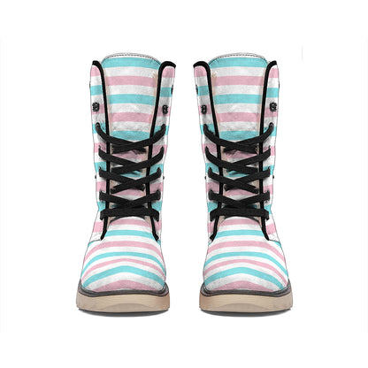 Pink And Teal Striped Pattern Print Winter Boots
