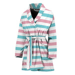 Pink And Teal Striped Pattern Print Women's Bathrobe