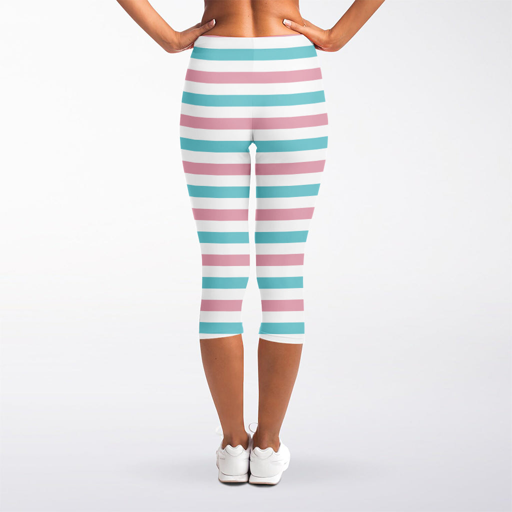 Pink And Teal Striped Pattern Print Women's Capri Leggings