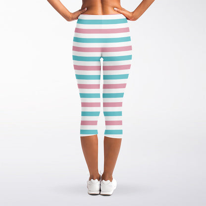 Pink And Teal Striped Pattern Print Women's Capri Leggings