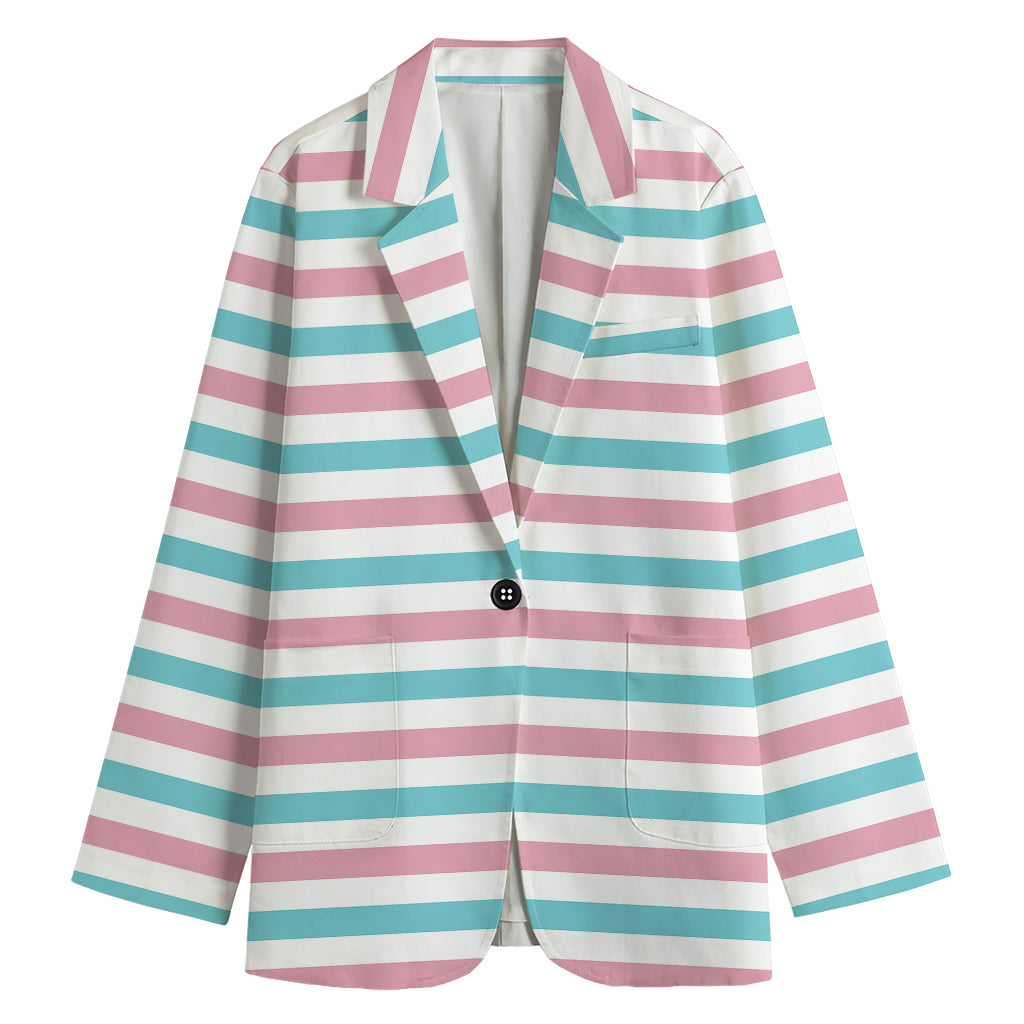 Pink And Teal Striped Pattern Print Women's Cotton Blazer