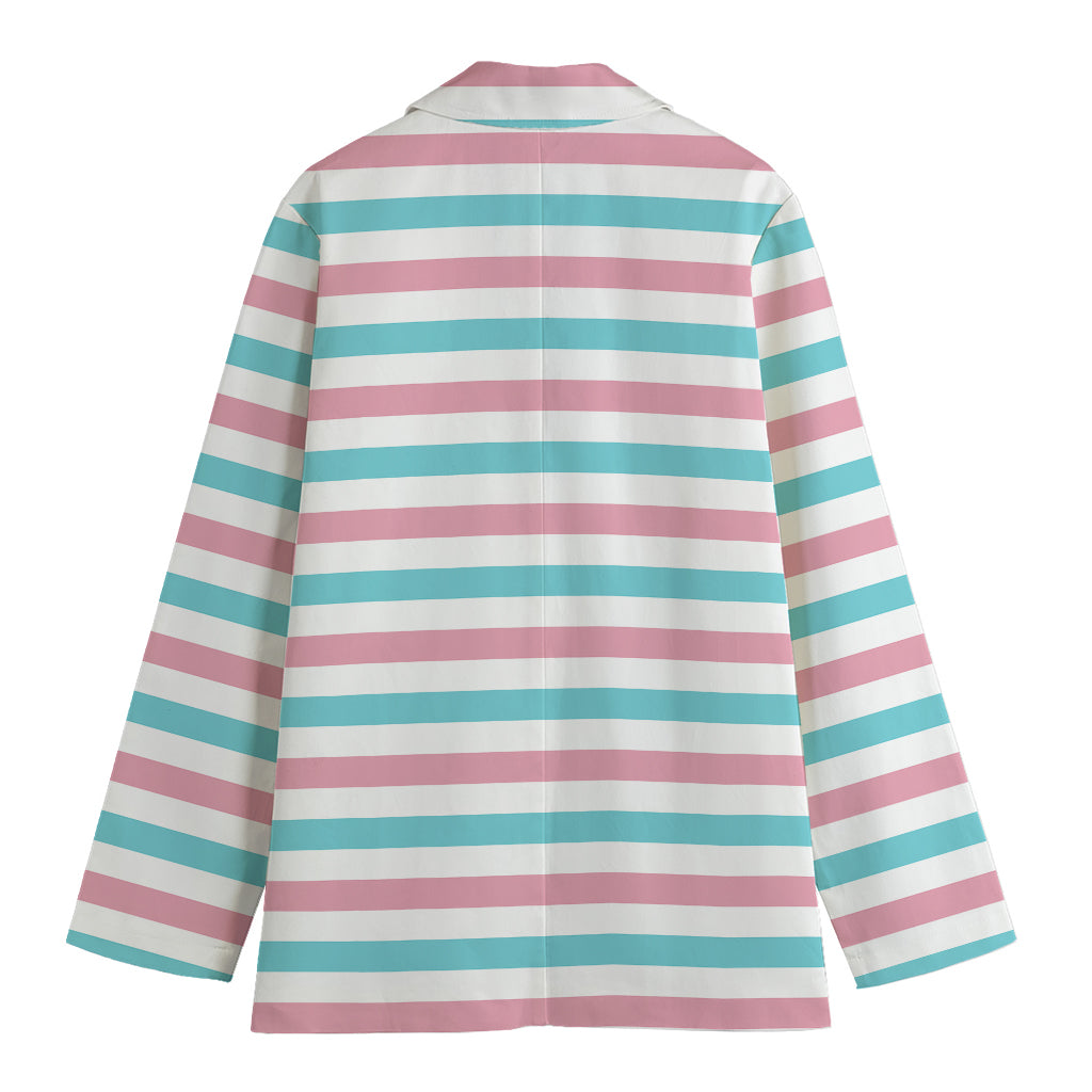 Pink And Teal Striped Pattern Print Women's Cotton Blazer