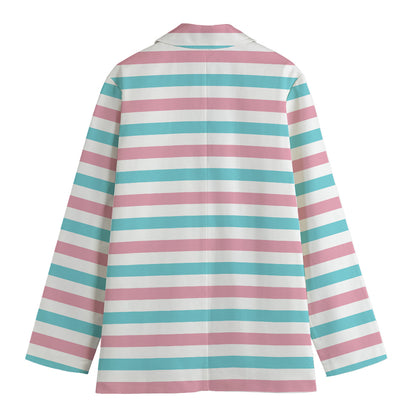 Pink And Teal Striped Pattern Print Women's Cotton Blazer