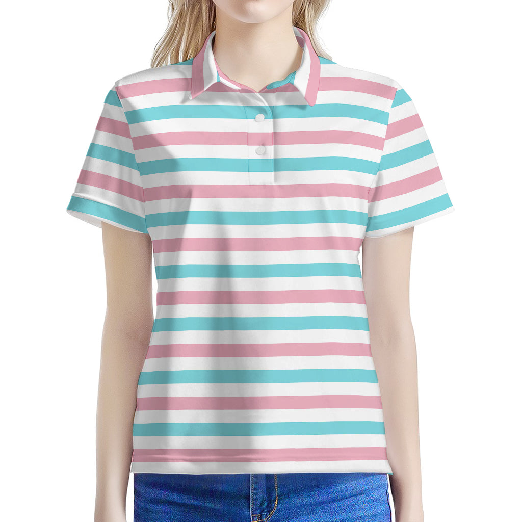 Pink And Teal Striped Pattern Print Women's Polo Shirt