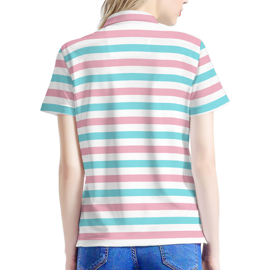 Pink And Teal Striped Pattern Print Women's Polo Shirt
