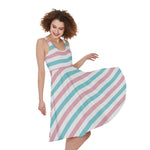 Pink And Teal Striped Pattern Print Women's Sleeveless Dress