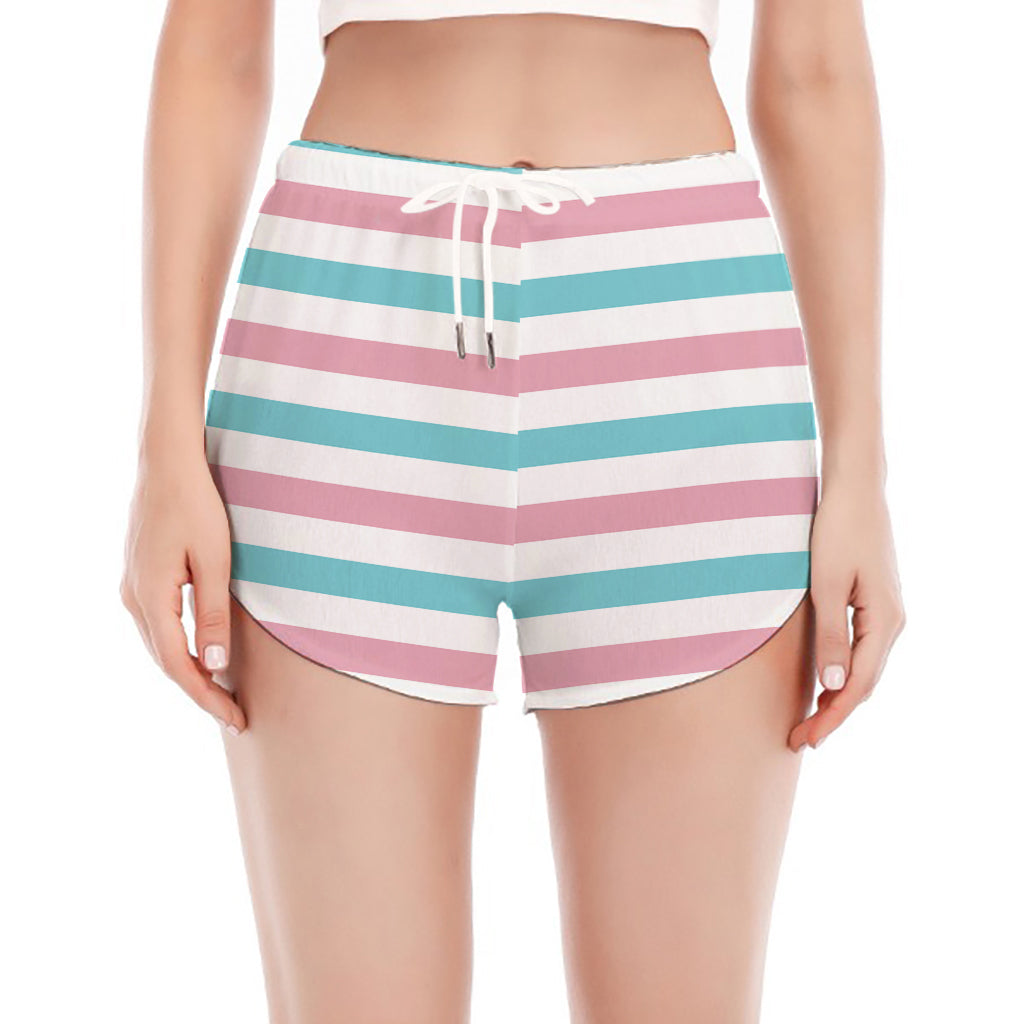 Pink And Teal Striped Pattern Print Women's Split Running Shorts