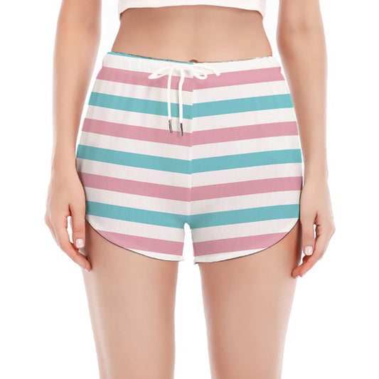 Pink And Teal Striped Pattern Print Women's Split Running Shorts