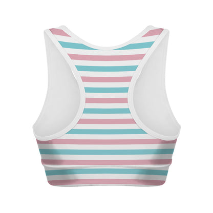 Pink And Teal Striped Pattern Print Women's Sports Bra