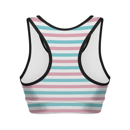 Pink And Teal Striped Pattern Print Women's Sports Bra