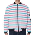 Pink And Teal Striped Pattern Print Zip Sleeve Bomber Jacket