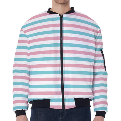 Pink And Teal Striped Pattern Print Zip Sleeve Bomber Jacket
