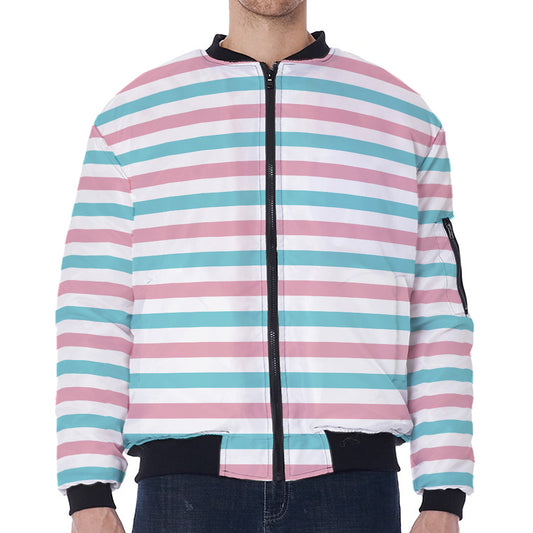 Pink And Teal Striped Pattern Print Zip Sleeve Bomber Jacket
