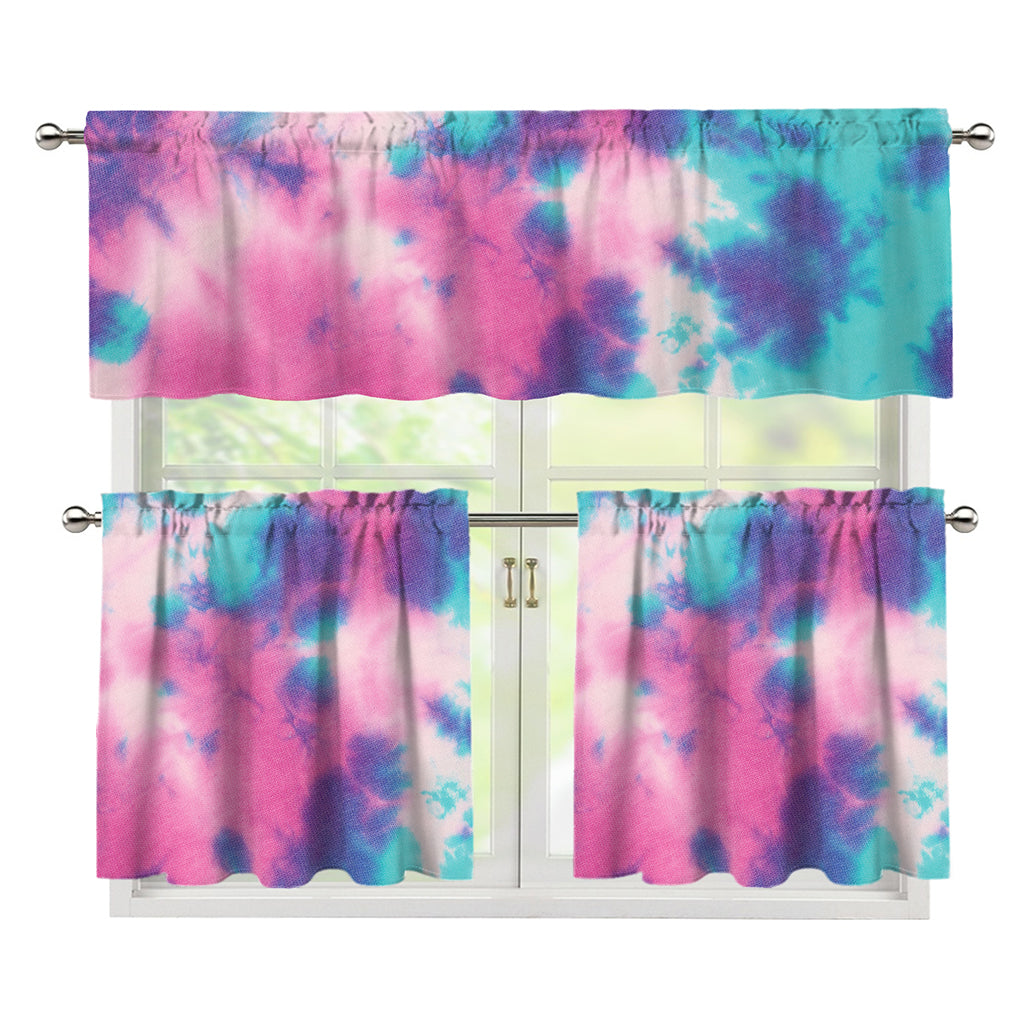 Pink And Teal Tie Dye Print 3 Piece Kitchen Curtains
