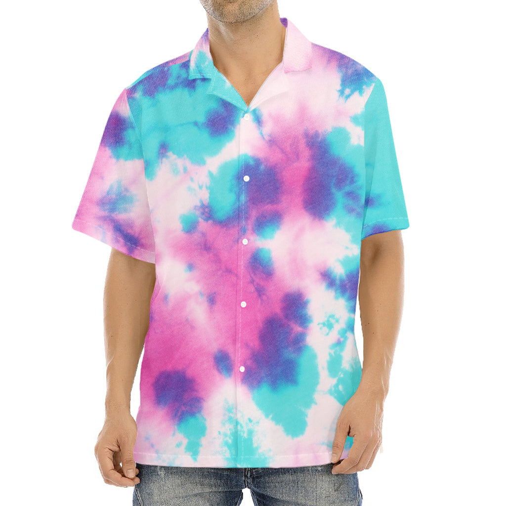 Pink And Teal Tie Dye Print Aloha Shirt
