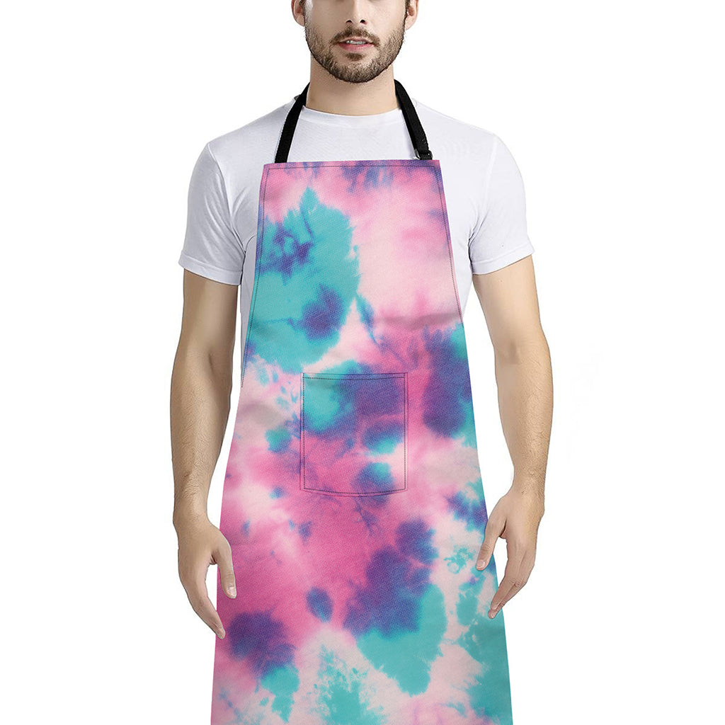 Pink And Teal Tie Dye Print Bib Apron With Pocket
