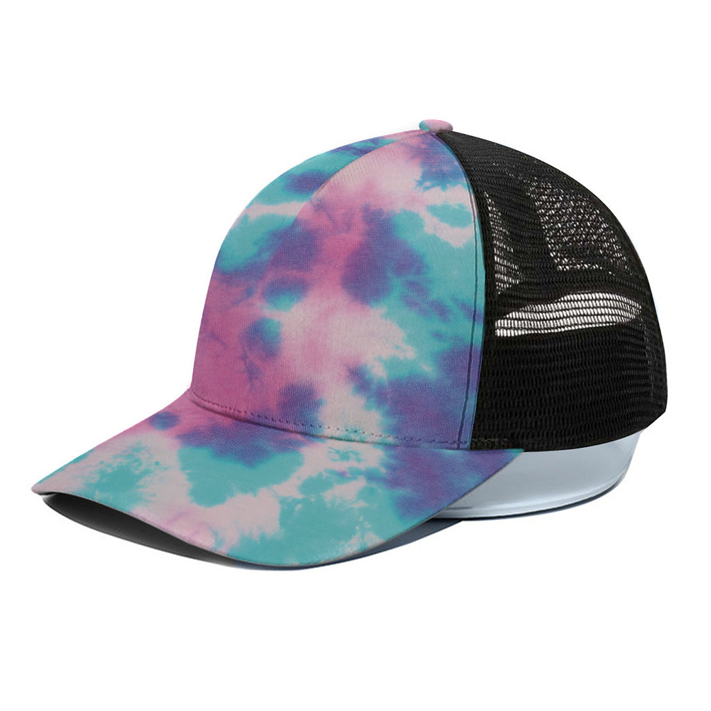 Pink And Teal Tie Dye Print Black Mesh Trucker Cap