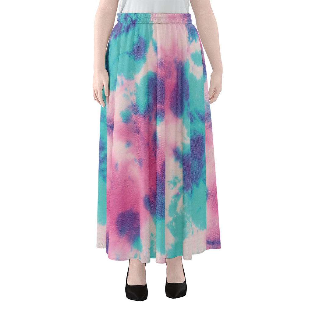 Pink And Teal Tie Dye Print Chiffon Maxi Skirt