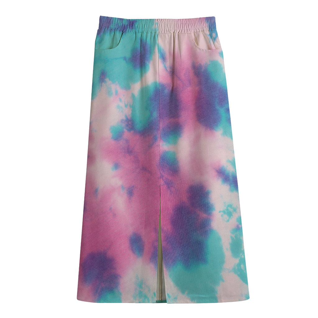 Pink And Teal Tie Dye Print Cotton Front Slit Maxi Skirt