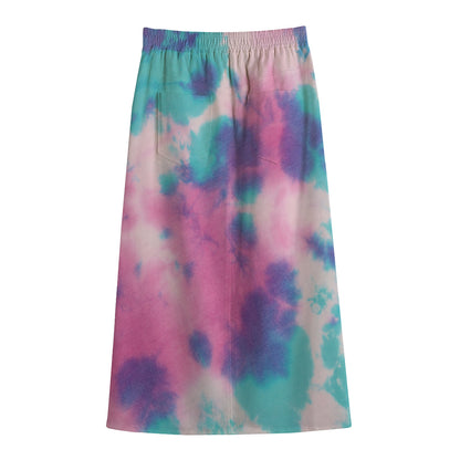 Pink And Teal Tie Dye Print Cotton Front Slit Maxi Skirt