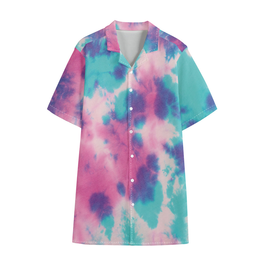 Pink And Teal Tie Dye Print Cotton Hawaiian Shirt