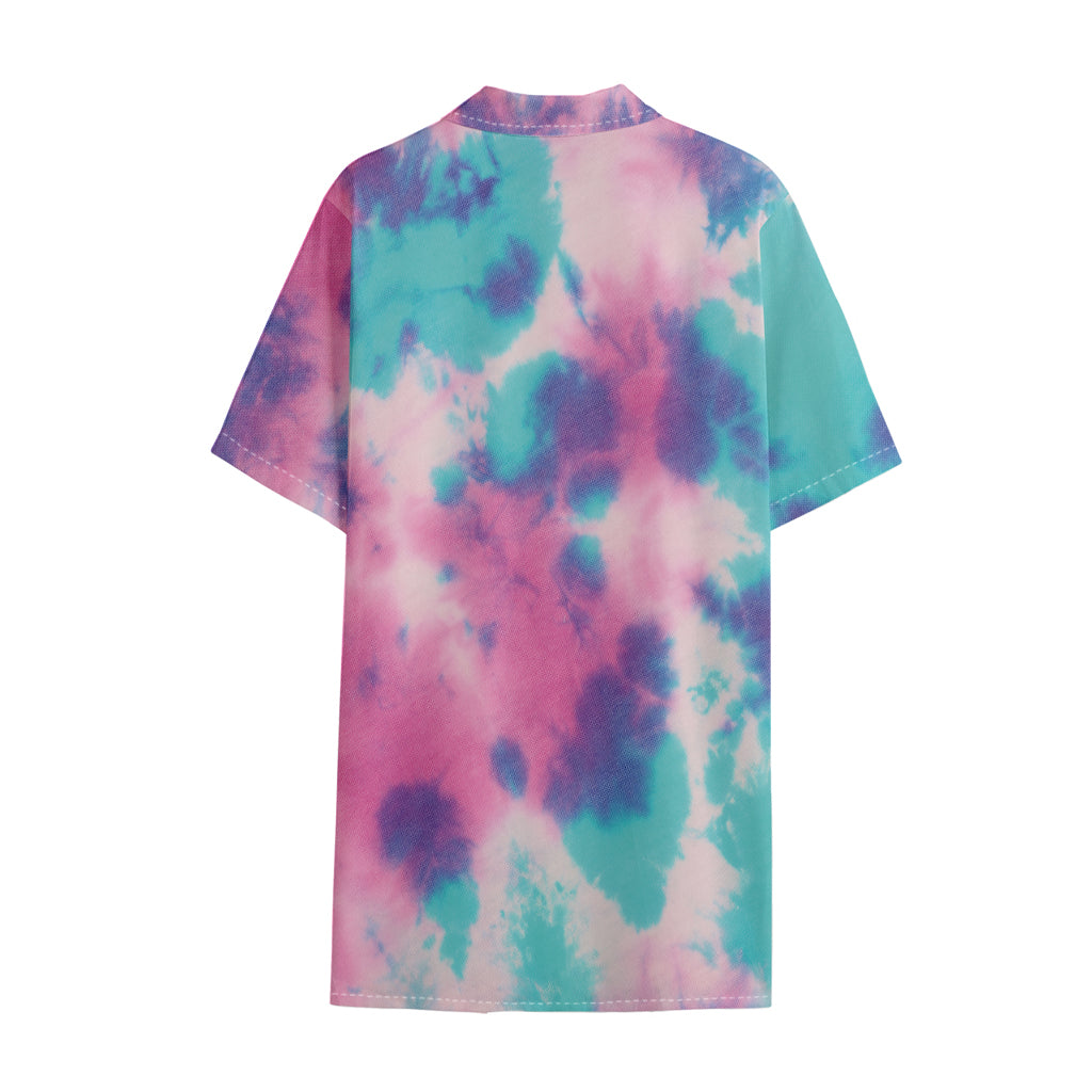 Pink And Teal Tie Dye Print Cotton Hawaiian Shirt