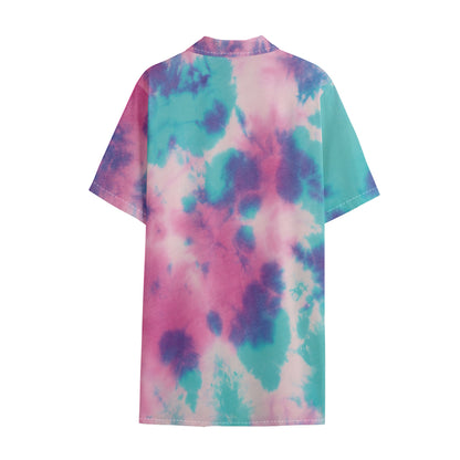Pink And Teal Tie Dye Print Cotton Hawaiian Shirt