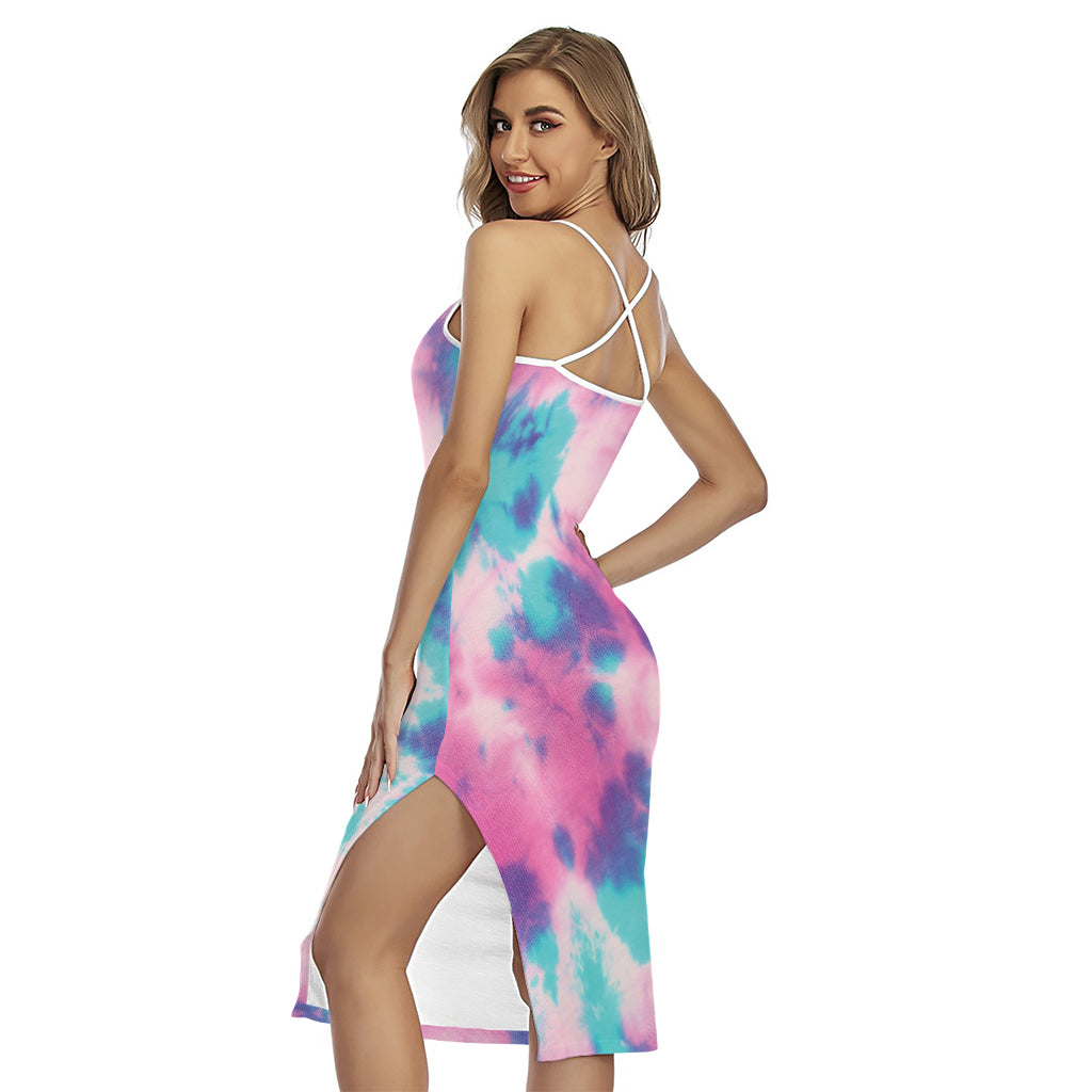 Pink And Teal Tie Dye Print Cross Back Cami Dress