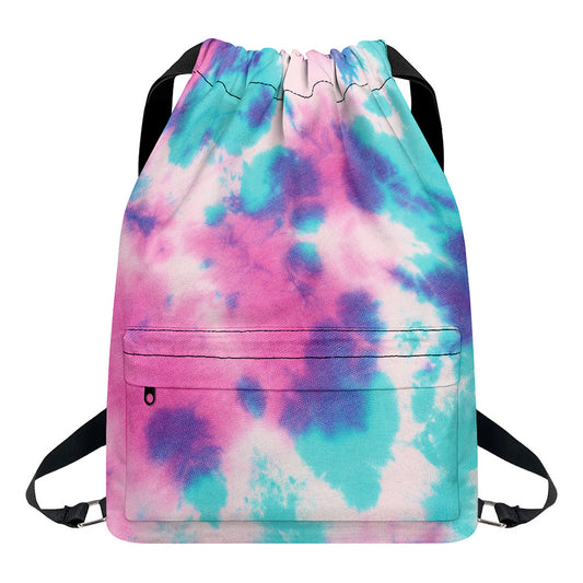 Pink And Teal Tie Dye Print Drawstring Backpack