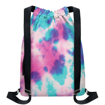 Pink And Teal Tie Dye Print Drawstring Backpack